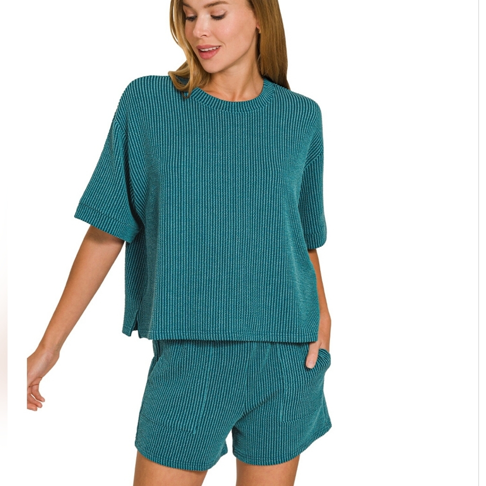 Zenana Ribbed Shirt And Shorts Set Dark Teal